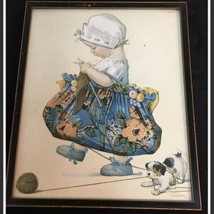 Antique‎ Framed Wall Art Illustration Little Girl Dog Knitting Floral Tapestry